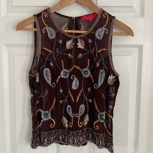 Vintage Aftershock 90’s Embroidered Beaded/Sequin Brown Silk Top Women’s Size M